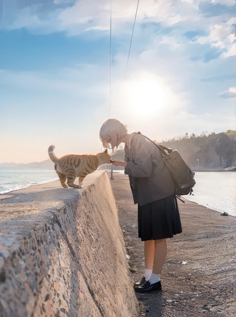 Girl and cat looking at the sea