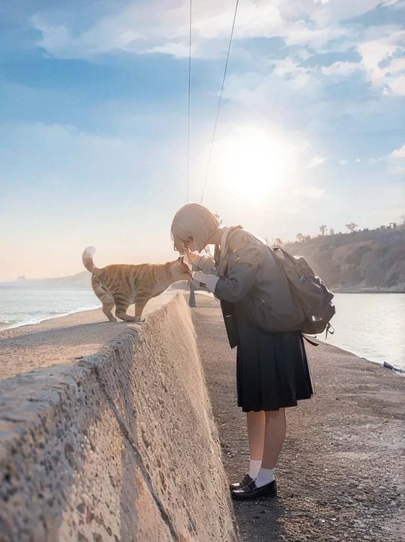 Girl and cat looking at the sea