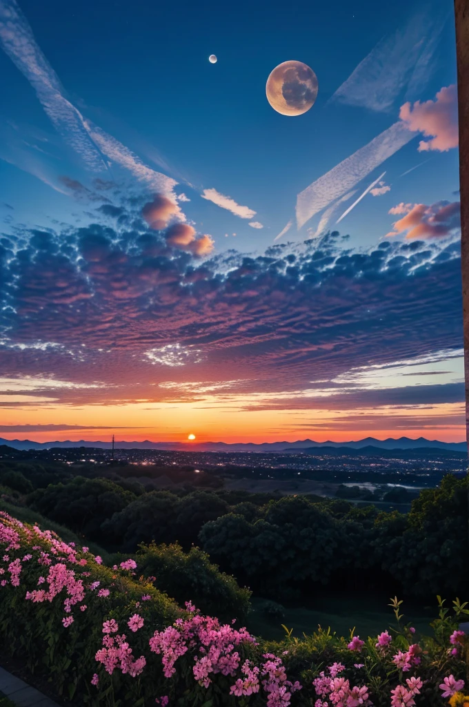 Beautiful sky , beautiful moon , beautiful flower , beautiful sunset