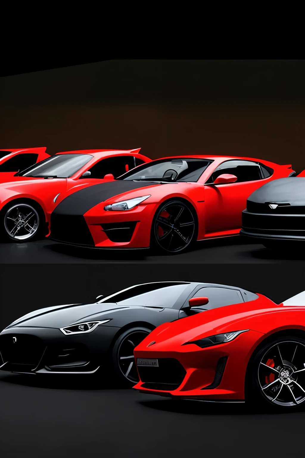 mechanical workshop with low lighting, 5 sports cars lined up, in black colors, axul and red, simple background, darkness background