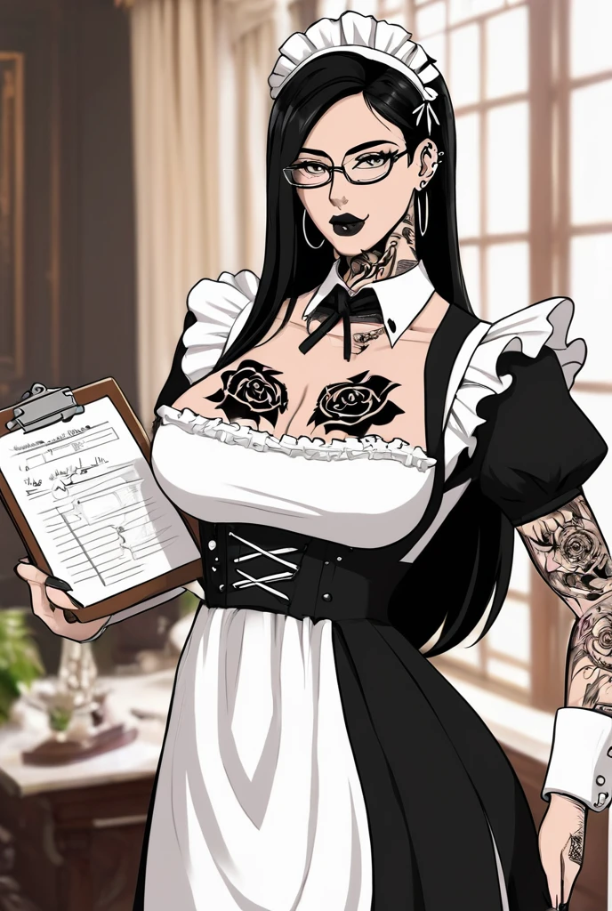 1girl, solo, mature female, dark hair, long flowing black hair, deep striking eyes, beautiful and alluring body, multiple piercings and tattoos, tall and statuesque, wearing glasses, wearing a black and white maid outfit with head maid insignia, elegant, wise, standing in a well-organized and clean room, natural light, managing household tasks, holding a clipboard, focused and calm expression, professional yet sensual appearance, commanding presence, directing other maids in the background. Tattoos: intricate floral tattoo on her left thigh, dragon tattoo wrapping around her right arm, delicate script tattoo on her lower back, lewd tattoo above her groin. Piercings: belly button piercing, ear piercings with multiple studs and hoops. Her expression should convey confidence and authority, emphasizing her role as head maid.