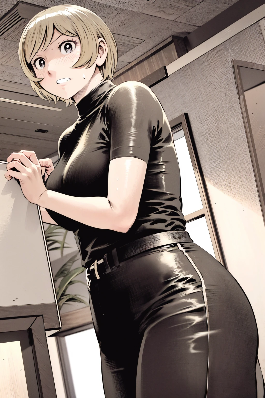 、(masterpiece、Highest quality)、Highest quality, Ultra-high resolution, (((masterpiece))), alone, Sweat、Big eyes,Tight black shirt、Tight white pants、belt、indoor、Composition from the front、（Cut the back hair short、short hair、blonde、woman）、Shortcuts、Embarrassed face、Cut your hair short、可愛いwomanの子、Big Breasts、office