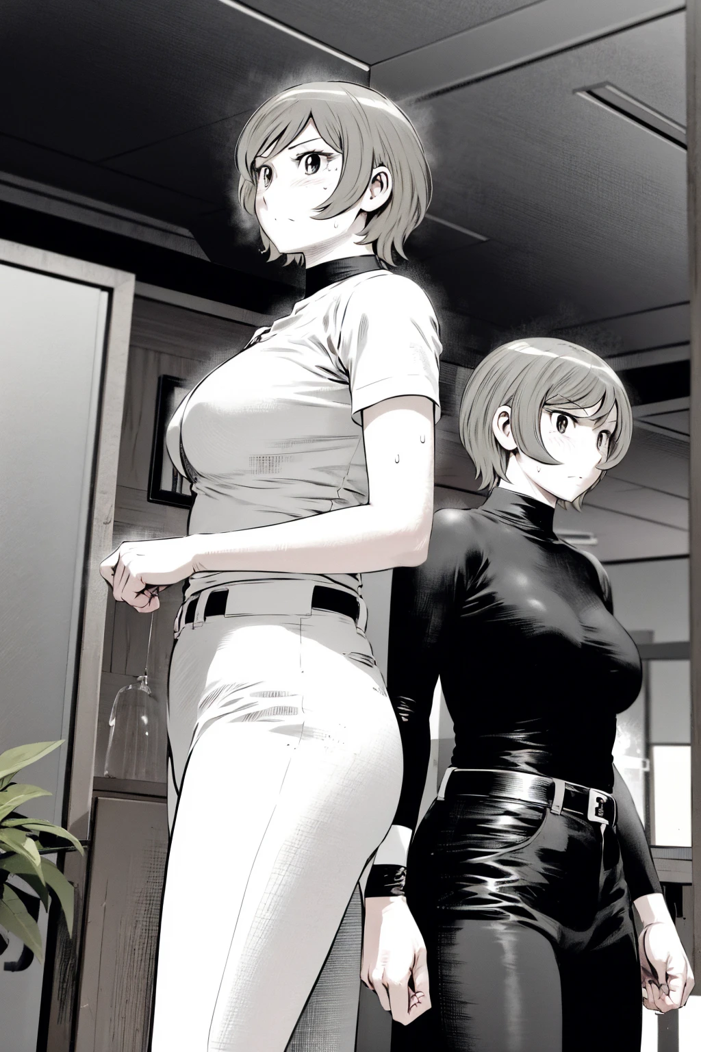 、(masterpiece、Highest quality)、Highest quality, Ultra-high resolution, (((masterpiece))), alone, Sweat、Big eyes,Tight black shirt、Tight white pants、belt、indoor、Composition from the front、(Cut the back hair short、short hair、blonde、woman)、Shortcuts、Embarrassed face、Cut your hair short、可愛いwomanの子、Big Breasts、office