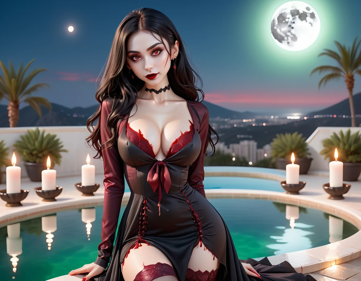 a picture of a female vampire in an infinity pool of blood watching the city at night, (Masterpiece, intense details: 1.5 ), exquisite, dreadful beautiful vampire, long black hair, intense green eyes, evil smile, fangs, busty sitting near a large infinity pool of dark ((red blood: 1.2)) there are  stone steps leading to the pool, lit by candles, elegant pool rim, (falls of blood fill the pool: 1.3), there is a crystal glass of wine near the vampire, she is wearing glamour black bathing suit, high detail, Conceptual art, Realism, cinematic lighting, moon light, reflection light, from side, panorama, ((anatomically correct:1.5))Ultra-Wide Angle, Wide-Angle, award winning, best quality, high quality, high details, highres, vibrant, Ultra-high resolution, High Contrast, (masterpiece:1.5), highest quality, Best aesthetics), best details, best quality, highres, ultra wide angle, 16k, [ultra detailed], masterpiece, best quality, (extremely detailed), Blood_Covered, hud_s1n, short black dress, long sleeves, veil, thighhighs