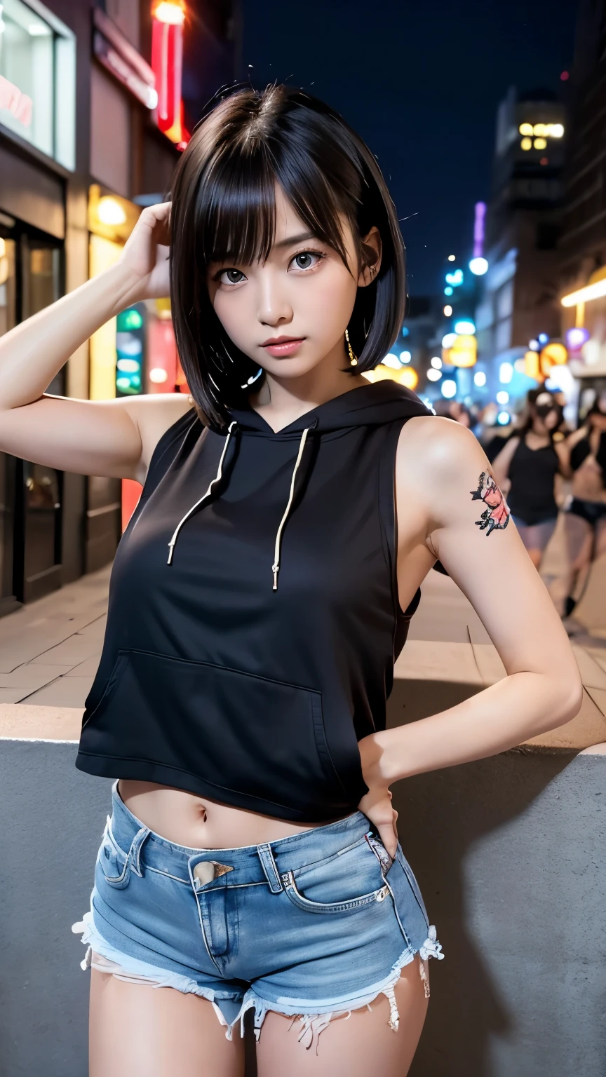 High resolution、1 female、girl、Black Hair、short hair、Slanted Eyes、blue eyes、thin、hoodie、fur、Tank top、Shorts、belly button、Tattoo stickers、Night view