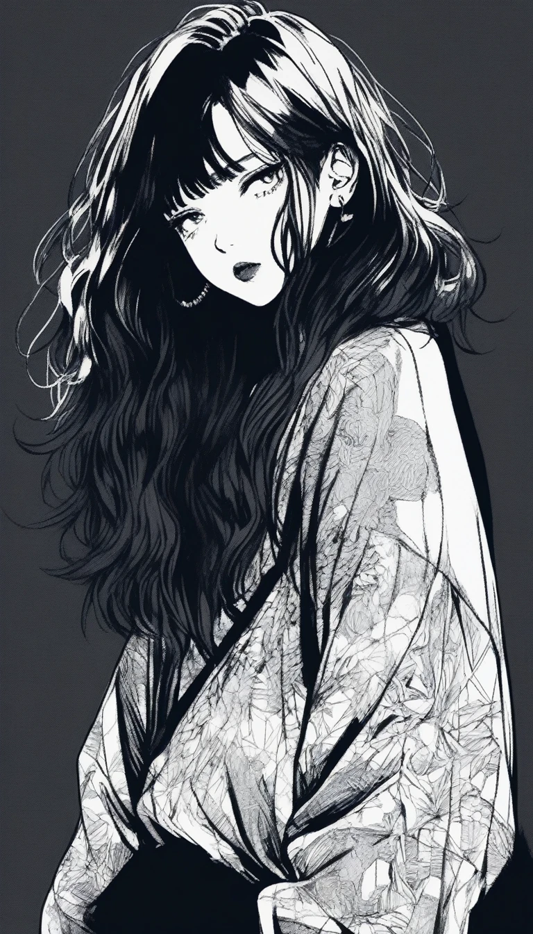 (Highest quality, sketch:1.2), Dark monochrome background, Japanese Manga,Illustrator,Japanese Manga,1 Girl, Delicate lips,sweater,custom,background completely black, Neon Hair,Texture Clipping,Canadian, masterpiece, style: Retro Classic, 深いblack, art, sketch book, (blackのボブヘア:1.35, black:1.55), bad woman