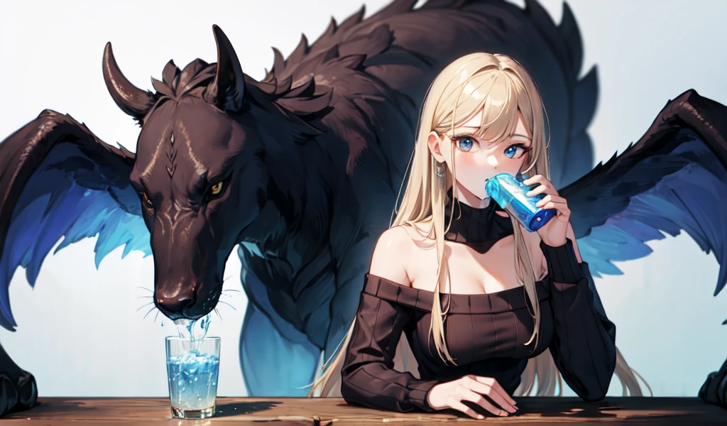 ((Highest quality)), ((masterpiece)), (detailed), 1 beast woman, Off-the-shoulder sweater, Drinking water