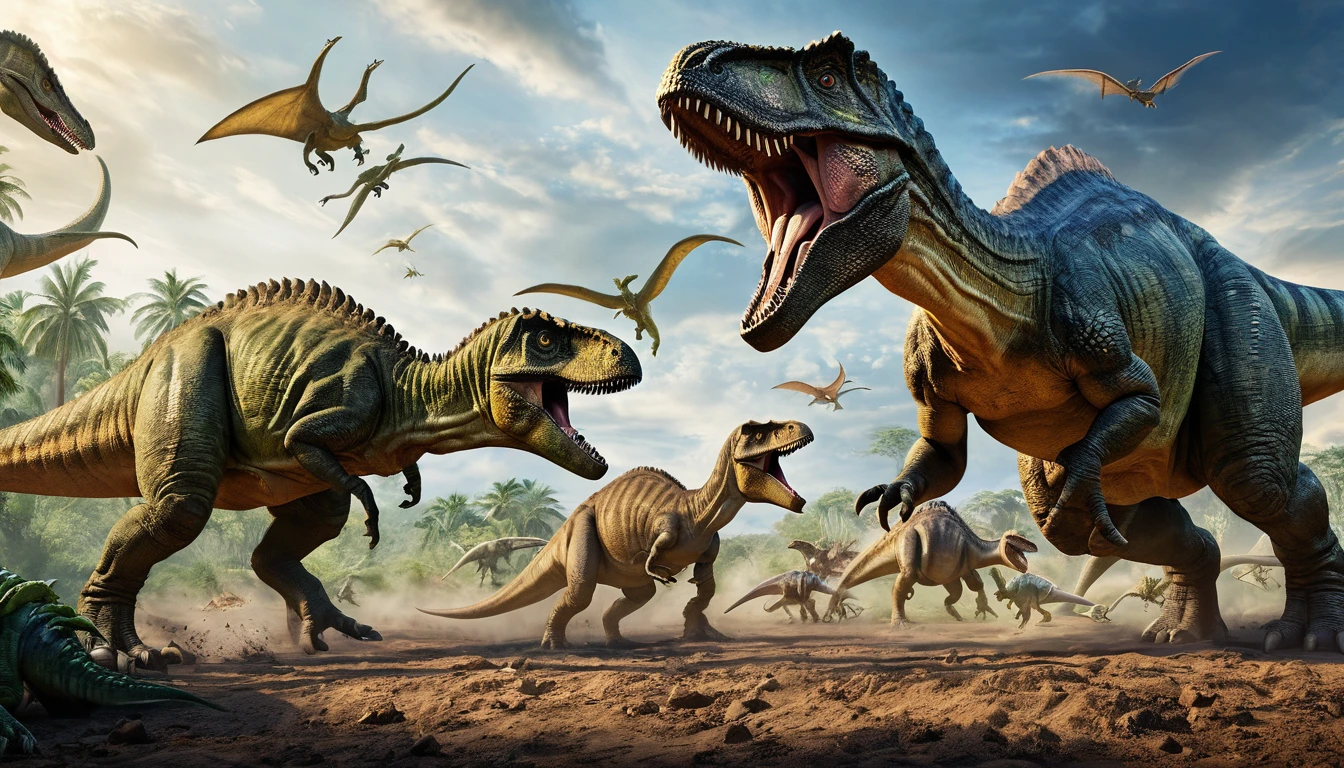 panoramic image of a group of dinosaurs fighting, epic, Masterpiece, different types of dinosaurs