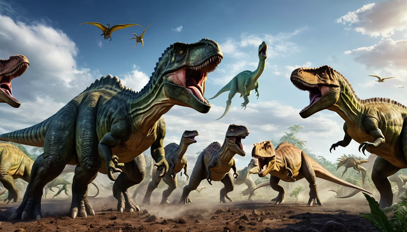 panoramic image of a group of dinosaurs fighting, epic, Masterpiece, different types of dinosaurs