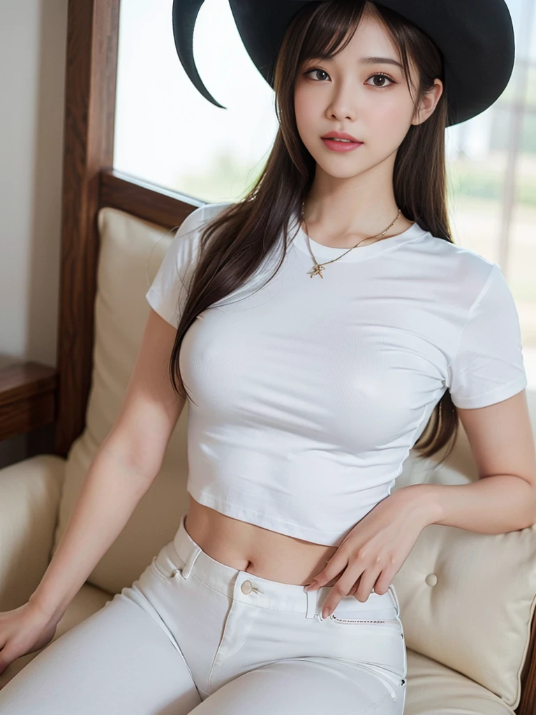 Look at this and smile、Colorful summer clothes、top quality、​masterpiece、超High resolution、(actual:1.4)、Very wide lens、close up、Young woman beautiful、Nice detailed eyes and skin、smile、Short brown hair haircut、bust、Small necklace、、straw fedora hat、、Summer sky、(highest image quality: 1.35), high quality, Realistic photo, (A beautiful woman:1.33), beautiful expression, (delicate eyes:1.3), (delicate face:1.3), Smile, (light hair silhouette:1.2), Super detailed , high resolution, Athletic figure, (big breasts:1.25), (long hair:1.2), (beautiful woman), (Cute navel:1.2), ( Depth of field f/1.8:1.45 ), sharp focus, original image , (Thin white shirt:1.45), (Thin white pants:1.4), (Thin white tight pants:1.4 ), (shirt thin white eyelashes:1.4), (thick thighs:1.5), (forward facing:1.25), (cowboy photo:1.4), (night sports:1.4), ( dark sky:1.5 ),