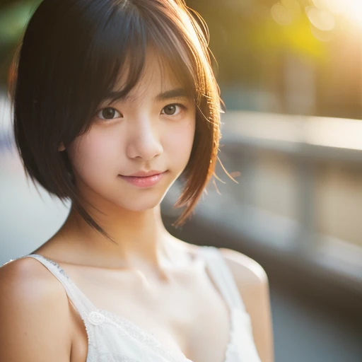 lens: 135mm f1.8,(Highest quality), (Beautiful 14 year old Japanese girl), (Moist lips), Narrow eyes, double eyelid,Delicate clavicle,Flat Chest,Shortcuts, shame, A faint smile,
(Spotted sunlight:1.2), Dramatic lighting,
(White camisole), (Sunburned skin:0.2),Full body photo、Full Body Focus、Standing upright and facing forward