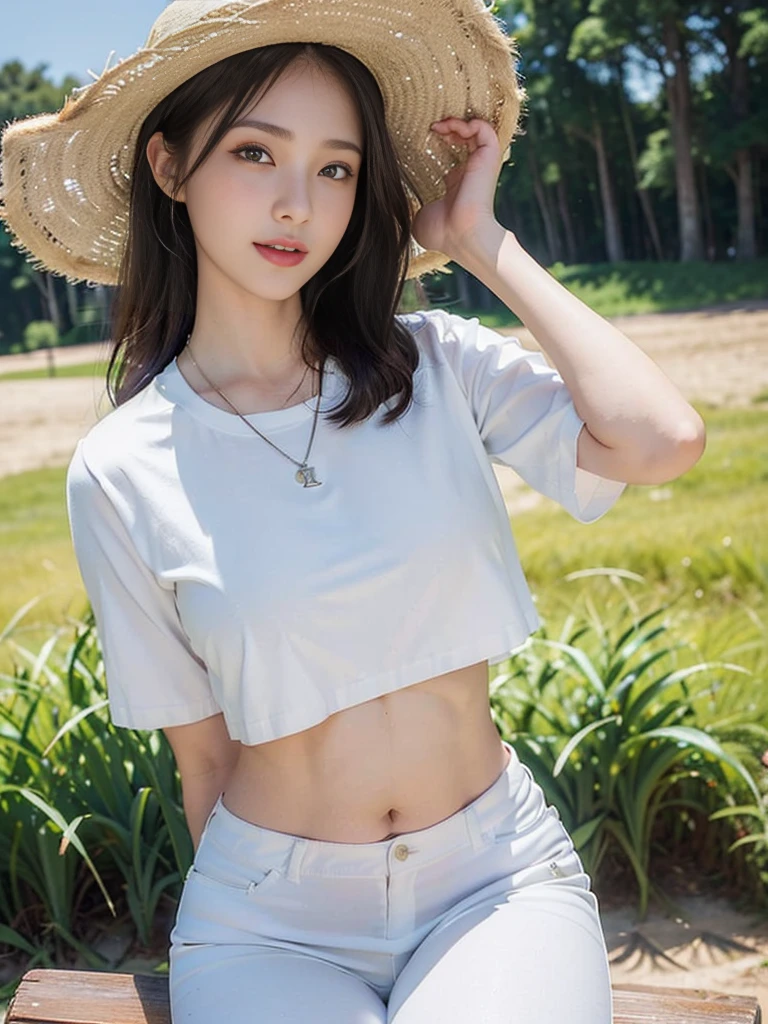 Look at this and smile、Colorful summer clothes、top quality、​masterpiece、超High resolution、(actual:1.4)、Very wide lens、close up、Young woman beautiful、Nice detailed eyes and skin、smile、Short brown hair haircut、bust、Small necklace、、straw fedora hat、、Summer sky、(highest image quality: 1.35), high quality, Realistic photo, (A beautiful woman:1.33), beautiful expression, (delicate eyes:1.3), (delicate face:1.3), Smile, (light hair silhouette:1.2), Super detailed , high resolution, Athletic figure, (big breasts:1.25), (long hair:1.2), (beautiful woman), (Cute navel:1.2), ( Depth of field f/1.8:1.45 ), sharp focus, original image , (Thin white shirt:1.45), (Thin white pants:1.4), (Thin white tight pants:1.4 ), (shirt thin white eyelashes:1.4), (thick thighs:1.5), (forward facing:1.25), (cowboy photo:1.4), (night sports:1.4), ( dark sky:1.5 ),