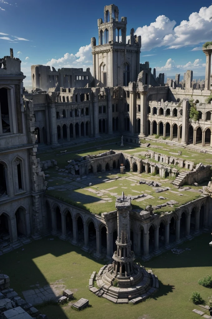anime scenario destroyed kingdom in complete chaos and ruins with a pile of bones overlooking the kingdom