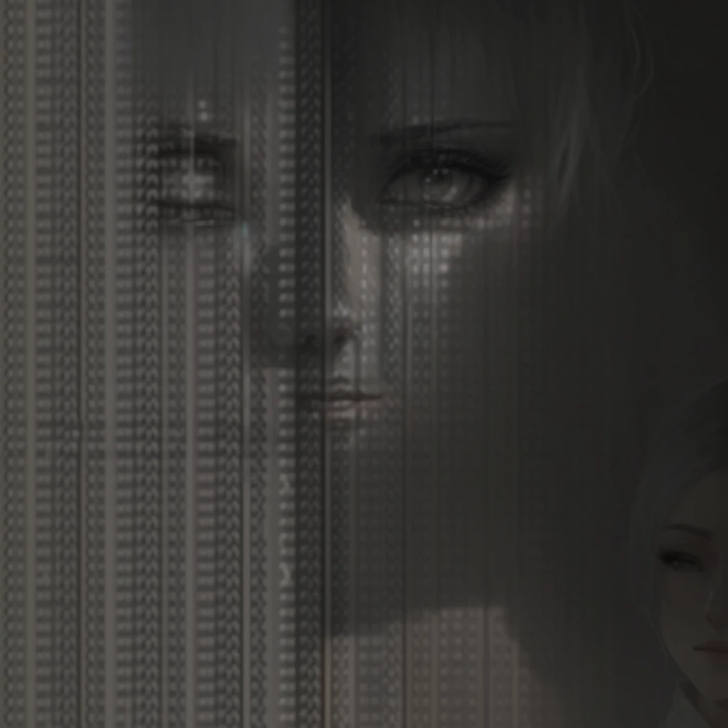 Image of a woman with a mobile phone in her hand, text and a pale young woman, anime girl in ASCII art style, ASCII art, alexandra fomina, ASCII, perfect young woman, highly detailed vfx portrait, promo art, highly detailed vfx portrait of, close-up portrait film still, face made of notation
