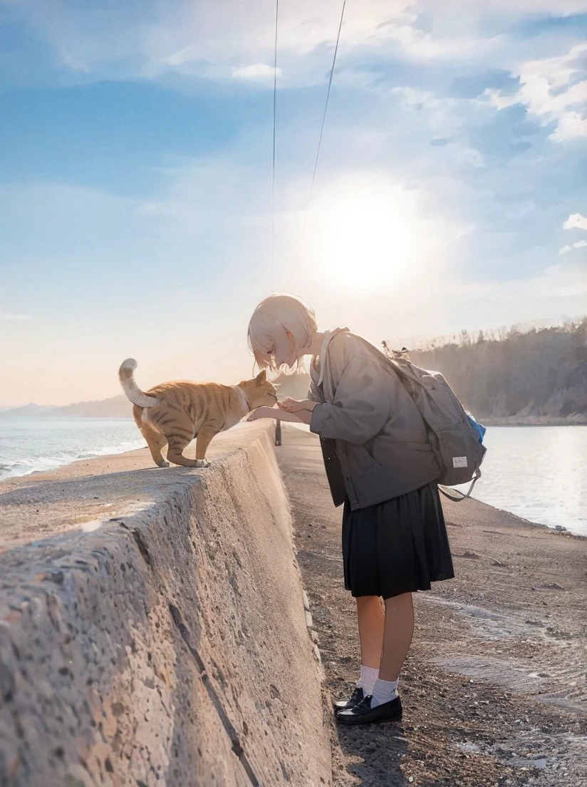 Girl and cat looking at the sea