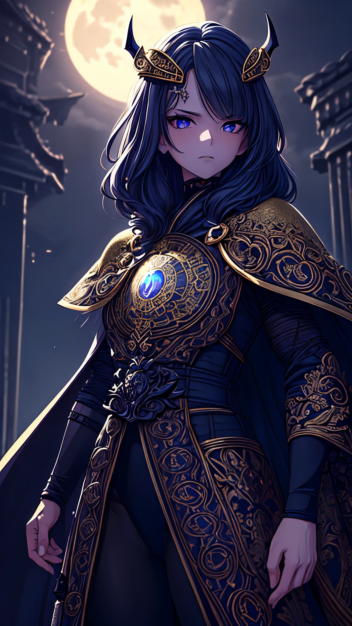 ((best quality)), ((masterpiece)), (detailed), une fille, visage parfait, Longhaire, ((golden hair)), curly hair, decorated cheveux, ultramarine blue eyes,   ((((Mythical figure, intricate details, ultrahigh resolution)))), 1man, serious, standing, (black hair, grey ninja mask:1), short hair cut, tanned skin, ((red eyes, glowing eyes:0.5)), (((deep set, piercing eyes:0.9))), ((centered)), (close up), three-quarter view, facing viewer, ((forest, moonlit night, misty:0.9)), ((muscular build)), looking at viewer, ((half open eyes, focused gaze)), ((perfectly manicured fingers)), (((head, shoulders, waist in view, cape flowing behind, arrow quiver at side)))), ((hand on hilt)), intense eyes, dramatic lighting, forest, moonlit, night, background, ((defined subject)), 40 years old, ((brooding)), (((somber)), (((high contrast)))