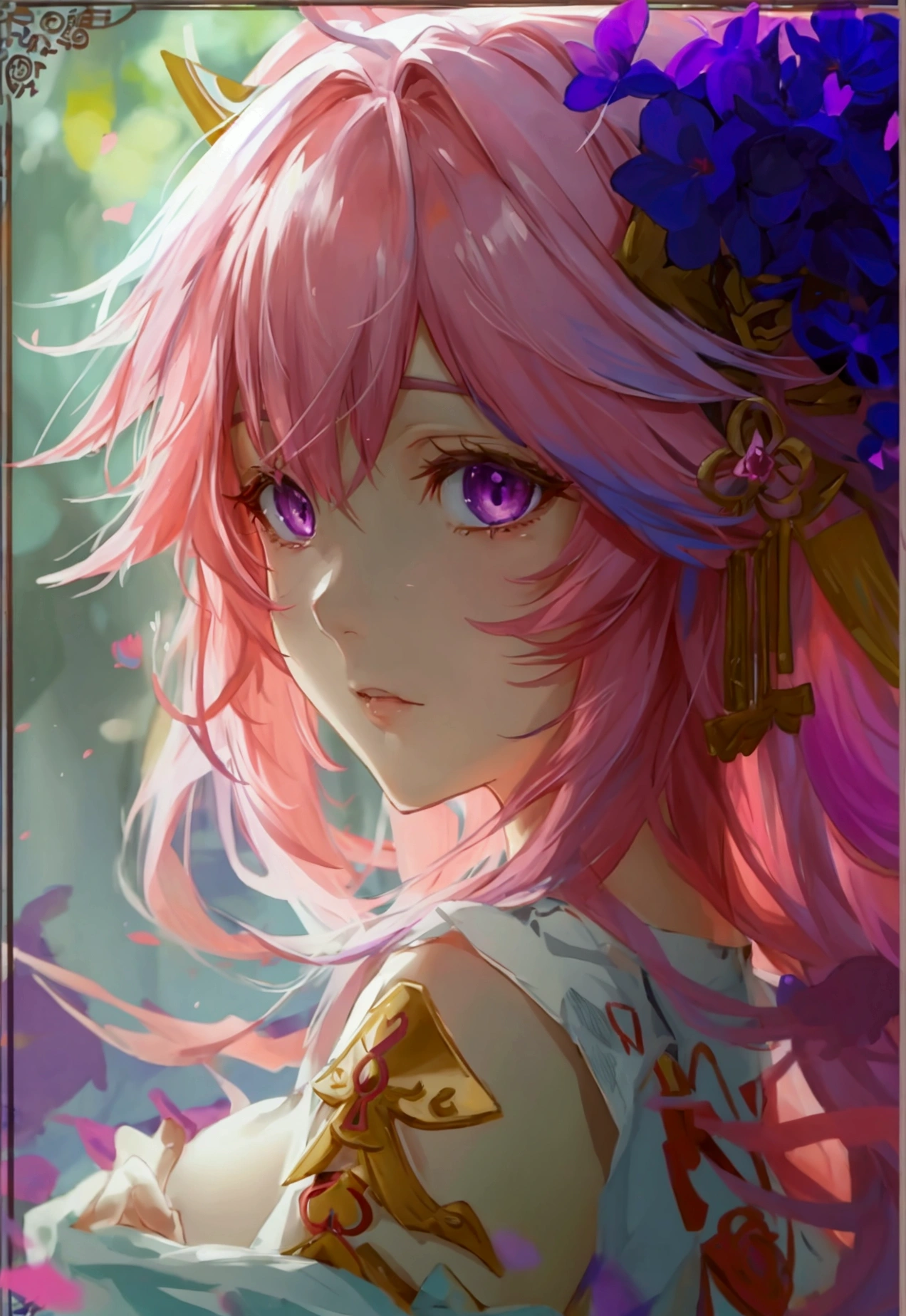 yae miko, Pink Hair, Purple eyes, Shimoo Art Style
