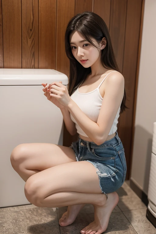 Highest quality、masterpiece、High sensitivity、High resolution、Detailed Description、Slender women、Western-style toilet、Sit on the toilet、Pull your pants down to your knees、