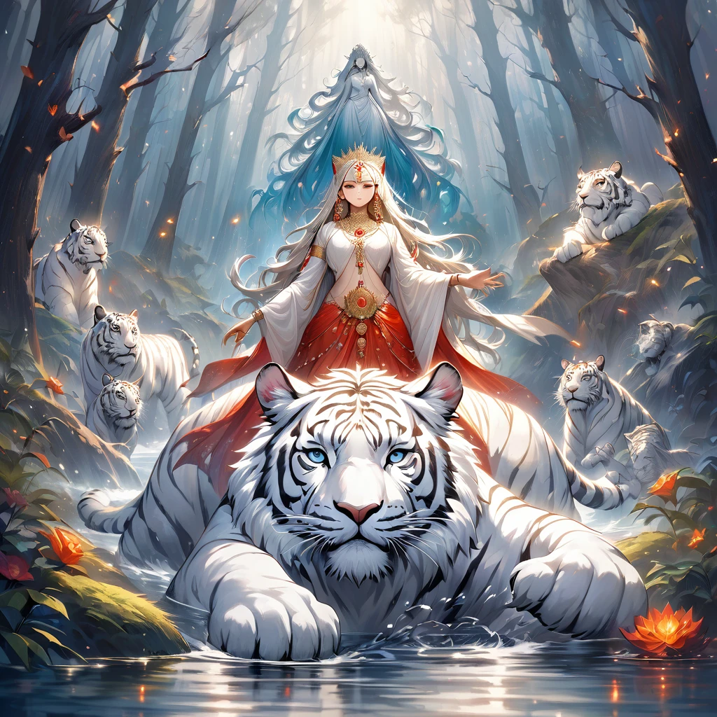 beautiful detailed Hindu goddess Durga, riding a fierce white tiger, Vibrant and realistic colors, surreal landscape, ethereal atmosphere, mystical forest, magical moonlight, dreamlike water reflections, dynamic composition, enchanting scene, intense and captivating emotions, Intricate and fascinating details, soft brushstrokes on the canvas, harmonious color palette, striking contrast between light and dark, Mythical creatures, powerful and majestic presence, deep connection between the woman and the white tiger, enigmatic and thought-provoking story . Note: Be sure to adjust the intensity of keywords (like "official art: 1.2" and "2D: 1.5") as needed to emphasize certain aspects of the artwork. 39;s prompt.