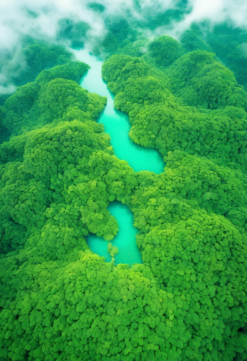 Saw the lush green forest,The trees grow densely in the forest.,Forming an emerald ocean。
from high in the air,You can feel the vitality of the forest and the complex ecosystem.. The perspective of aerial photography allows us to appreciate the beautiful scenery and intricate details of a bird's eye view.'มุมมองแบบ s-eye. Fantasy landscape art , Masterpiece, Beautiful details, beautiful art, ultra high definition.