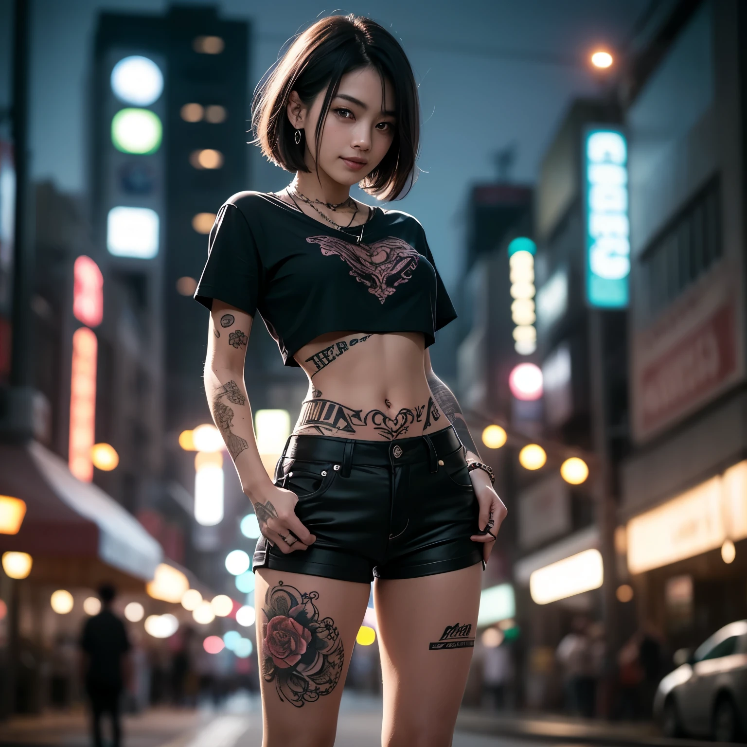 (night, Soft lighting, Highest quality, 8K, masterpiece, RAW Photos: 1.3) close-up portrait of woman with tattoo arms and top, ((tattoo body young girl, ink, tattoo, tattoo body:1.2)), 2 4-year-old female model, (black short t-shirt and mini skirt slit,) light brown hair, neckless, body piercing, short bob hairstyle, Half naked, Disheveled clothing, tattoo, Wearing a sexy crop top, Sexy girl in shorts, Tight waist, beautiful abdomen, ever small midriff, Very detailed, Intricate details, Very detailed face and skin, Under boob, The body is slim, Fine grain, Realistic, compensate, intellectual, Fascinating, Beautiful standing posture, small, in city, Invincible Smile, full body  