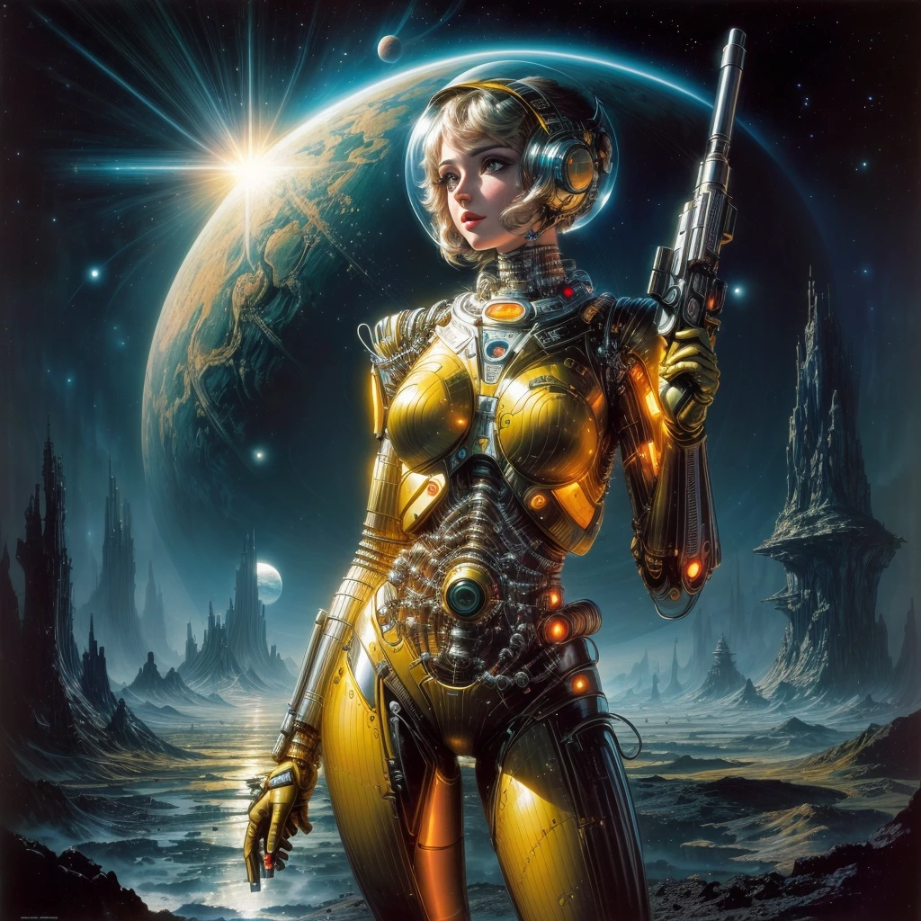 a woman in a spacesuit with a gun in front of a planet, Stil von Jim Burns, Retro-Science-Fiction-Kunst, cyborg goddess in cosmos, Greg Beeple, Vintage Science-Fiction-Kunst, 7 0 s Sci-Fi-Kunst, Frank Kelly Freas, 1 9 8 0 s Retro-Science-Fiction-Kunst