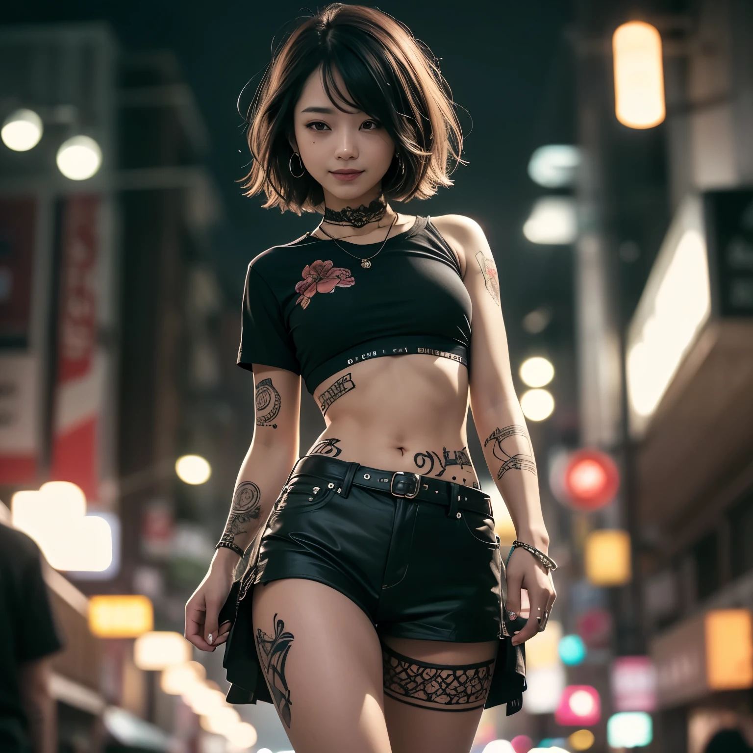 (night, Soft lighting, Highest quality, 8K, masterpiece, RAW Photos: 1.3) close-up portrait of woman with tattoo arms and top, ((tattoo body young girl, ink, tattoo, tattoo body:1.2)), 2 4--old female model, (black short t-shirt and mini skirt slit,) light brown hair, neckless, body piercing, short bob hairstyle, Half naked, Disheveled clothing, tattoo, Wearing a sexy crop top, Sexy girl in shorts, Tight waist, beautiful abdomen, ever small midriff, Very detailed, Intricate details, Very detailed face and skin, Under boob, The body is slim, Fine grain, Realistic, compensate, intellectual, Fascinating, Beautiful standing posture, small, in city, Invincible Smile, full body