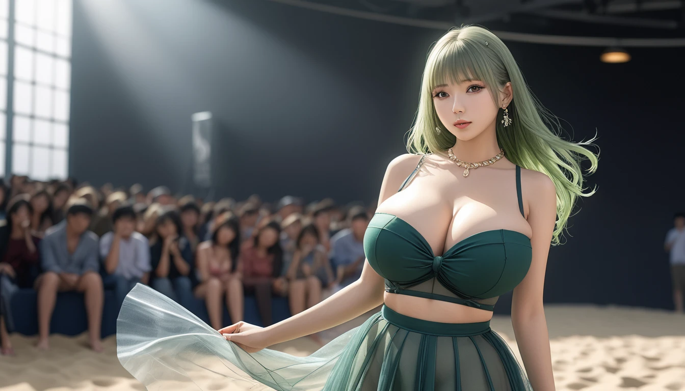 butt), (bedroom), (Sexy Girls), masterpiece, best quality, 1 girl, Bangs, blush, Chest, clavicle, Eyebrows visible through hair, (Gradient green hair), Jewelry, Long hair, Looking at the audience, Bright Eyes, ring, (solitary), illustration, fashionable, miss, Strike a pose, background, element, confident, Express, Accessories, majestic, striking, key point, Dynamic poses, ((plump)), (Fishnet stockings))Woman in transparent dress,Viewer,(((Full breasts, Keeley University))),Slim waist,(Navel exposed,Bare waist), Long hair, extreme detailed details, Detailed fantasy art, Stunning character art, Beautiful and exquisite character art, Beautiful transparent dress, Very detailed, Large Breasts,饱满Chest,Golden ratio figure,Perfect body,Ultra wide-angle shooting,Full body shot,Body close-up,Full body shot,Wearing a pleated tulle skirt,柔和动漫illustration, 柔和的深色background,Fujifilm XT3 Clear focus, f 5.6, High Detail, Clear focus, Dramatic, (Wearing openwork clothing), (Looking at the audience:1.8), (Natural light), (Tempting)translucent, Good velvet quality, Compared, Divine Light,, Silver hair, 天空background, Absolute Strength,Female angels,Girl in sexy silk,,Large Breasts,饱满Chest,Golden ratio figure,Perfect body,Ultra wide-angle shooting,Full body shot,Body close-up,Full body shot, Wearing a tulle dress, Model shooting style, Large Breasts,饱满Chest,Golden ratio figure,Perfect body,(Extremely detailed CG 8k wallpaper unit), The most beautiful artistic photos in the world, , 8K Ultra HD, ) on the beach,Lazy gesture,Charming and seductive expression,best quality,masterpiece,Ultra-high resolution,(Practical:1.4),original photo,Ultra-high resolution