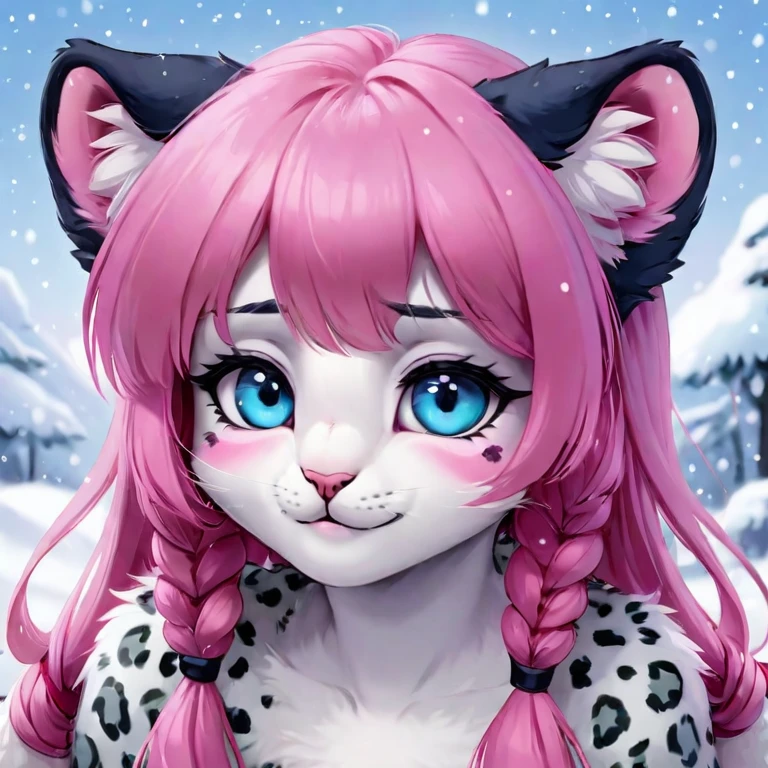feline, mammal, anthro, anthromorphic, snow, leopard, fur, furred_anthro, female, female, bangs, ear_tufts, blue_nose, paws, hair_tuft, hair_between_eyes, long_tail, fluffy, feline_ears, expressive_eyes, pink_hair, light looking_at_viewer, pink_fur, shy, small_pupils, spotted_pattern, digital_art, high_resolution, high_res, pastel_background, pigtails_hair, pink_hair, half_skeleton_pattern