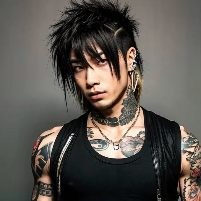 1 man, Japanese man, male, Asian eyes, muscular, broad shoulders, yakuza tattoos, hairstyle Visual Kei style, hair Visual Kei, black men's shirt and black pants, ultra detailed face, hyperrealistic, realistic representation, long hair, long hair, 30 years old, age 30 years, blond, blonde hair