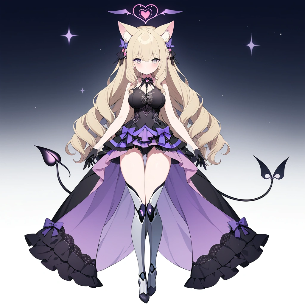 Woman 170cm tall, big chest, wide hip. (character design sheet: Full body front view). (blonde hair, waist-length curly wavy hair with a short center strand, She has a short braid tied with an elegant purple bow on the left side of her hair.. She has a short braid tied with an elegant purple bow on the right side of her hair. She has small ribbons in the back of her hair.). Gray eyes with a purple 4-pointed star in the pupil. Two black and purple serval ears located on the top of the head. Luminous black halo with purple star patterns above his head. black necklace with heart emblem on the neck. (Elegant one-piece long dress with lace and ruffle skirt, ribbon decorations and star patterns on the dress). black gloves. gray belt at the waist with a large ribbon with a luminous pink heart in the middle. He has a complex demon tail with a small purple star on the tip.. (It has complex mechanical legs that reach up to the thighs and are black with small purple details.). beautiful detailed hair, beautiful detailed dress. extremely detailed arms. extremely detailed face, small face, Beautiful detailed eyes, beautiful detailed lips. adorable. extremely detailed legs. (Best Quality, 4k, 8k, high resolution), ultra detailed, Exquisite and epic character art.