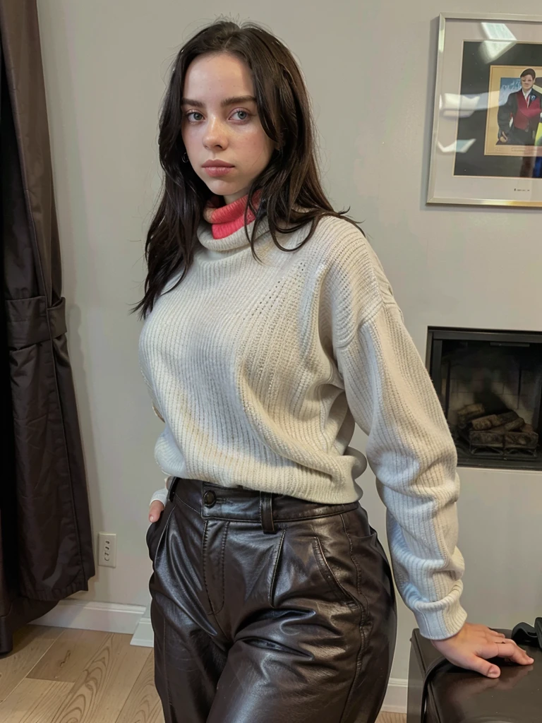 Girl in a turtleneck sweater and brown leather pants with a black loafer