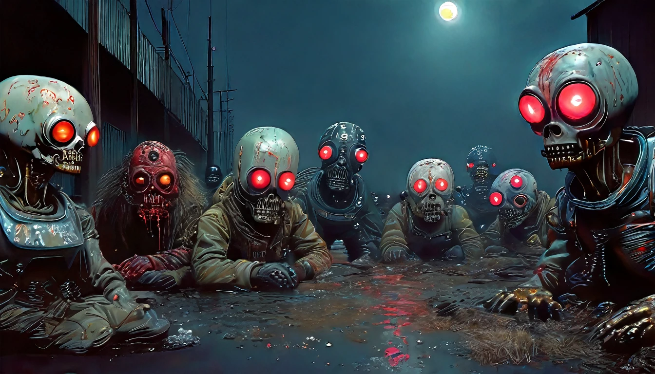 characters from Galaxy of Terror, inspired by Ed Emshwiller and Heavy Metal Magazine, Cyberpunk apocalypse in chaotic world, stalenhag, metal album cover, gwar, flying pterosaur, monsters and robots, wayne barlowe pierre pellegrini, retro sci fi, movie poster promo,  very detailed face, bue skin, white eyes, moody, epic, shot on Kodak Vision3, (intricate details), (hyperdetailed), 8k hdr, high detailed, lot of detailed, high quality, soft cinematic light, dramatic atmosphere, atmospheric pespective