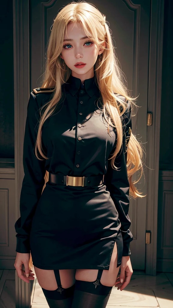 realistic, High resolution, soft light,1 female, alone, hip up, glowing skin, (detailed face),tattoo, jewelry, Bizarre uniform, black stockings, garter belt, night, blonde hair, wavy hair, Beautiful Soldier, Eyes that invite the viewer, lover's perspective, an inviting look, sexy smile, perfect style, perfect balance, fine skin, naughty look, I can see your chest