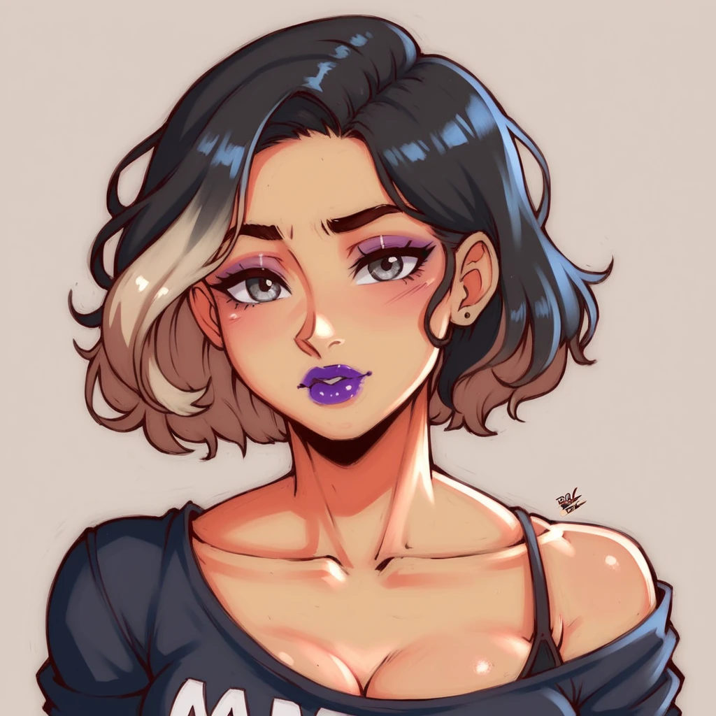 A photoreal close up of a stunning 28-year-old Latina model showcases her oval face, straight black hair, and striking grey eyes. Facing straight to the camera. Her beautiful lips with violet lipstick accentuate her wheatish skin with light brown tone highlights. Dressed in a chic black top, the image should be full body shot, 8k hdr, high detailed, and focused on capturing her mesmerizing beauty, soft day lighting