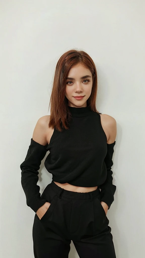 black sweater, black pantaloon, bare shoulders, medium bust, smiling, flirty face