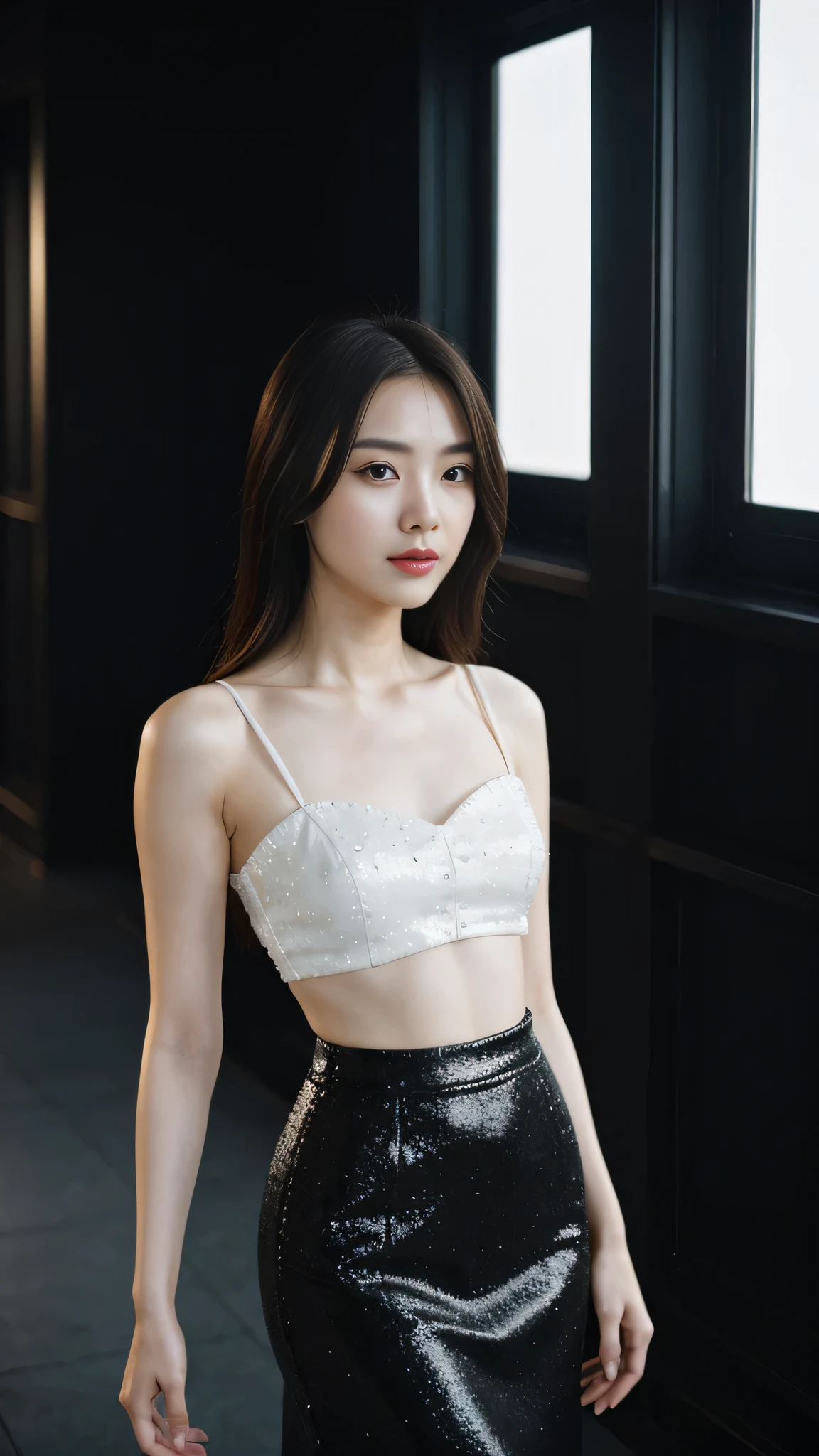 a Chinese woman with beautiful Delicate eyes, Beautiful and delicate lips, Extremely detailed face and skin, Pale skin, 23 years old,Wearing a halter top,black sequined skirt, skirt, high heels, medium long shot, dancing in the dance hall, beautiful lights, sexy figure, long legs, full body portrait. Beautiful photography,Long eyelashes, Good anatomy , Practical skin texture, Delicate eyes, professional, 4K, Wide-angle lens, Optical Depth of Field, Kodak Vision Color, Perfectly proportioned body, Extremely detailed, ultra-photoPractical, Practical, Post-Processing, Maximum details, Roughness, real life, ultra -Practical, Photorealism, photography, 8K Ultra HD, photography