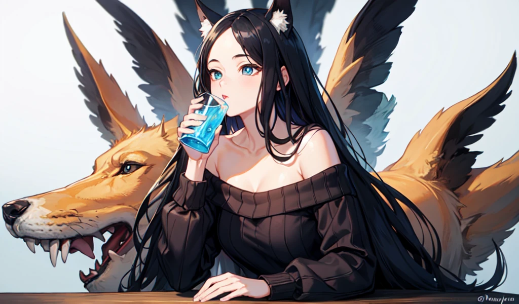 ((Highest quality)), ((masterpiece)), (detailed), 1 half-beast woman, Off-the-shoulder sweater, Drinking water