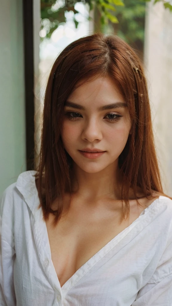 Cute woman in white shirt, depth of field, darkness, messy hair, Perfect face, Dark, evening, grainy, seductive smile, Closed eyes