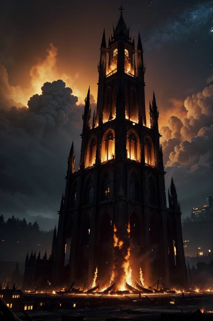 destroyed kingdom in flames at night