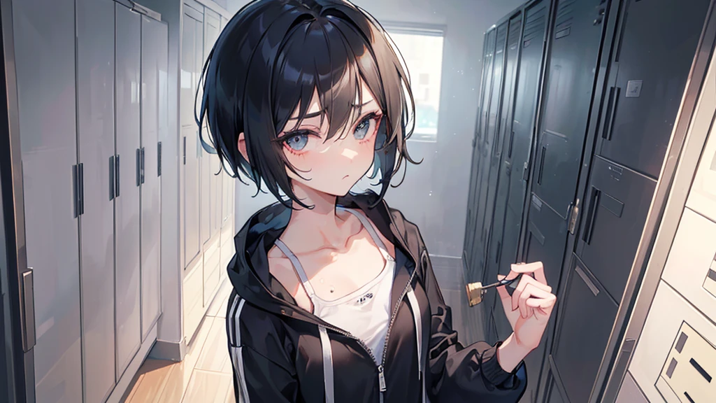 ((masterpiece)), ((best quality)), ((ultra-detailed)), 1girl,solo,((skinny),(flat chest),((very short hair)),black hair,pixie cut,shaggy cut,((big eyes)),(((tsurime))),(((slant eyes))),(drunk),tracksuit, hooded,((((clothes lift)))),sports bra,sweat,((looking away)),locker room,more_details:-1, more_details:0, more_details:0.5, more_details:1, more_details:1.5,bangs,messy hair,hair between eyes,medium long hair,
