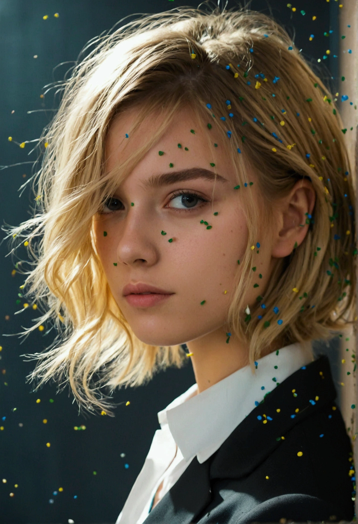 portrait of european girl,solo,20yo,beautiful face,uppser body,hair over one eye,medium sidecut, blonde hair, sharp focus,black business suit