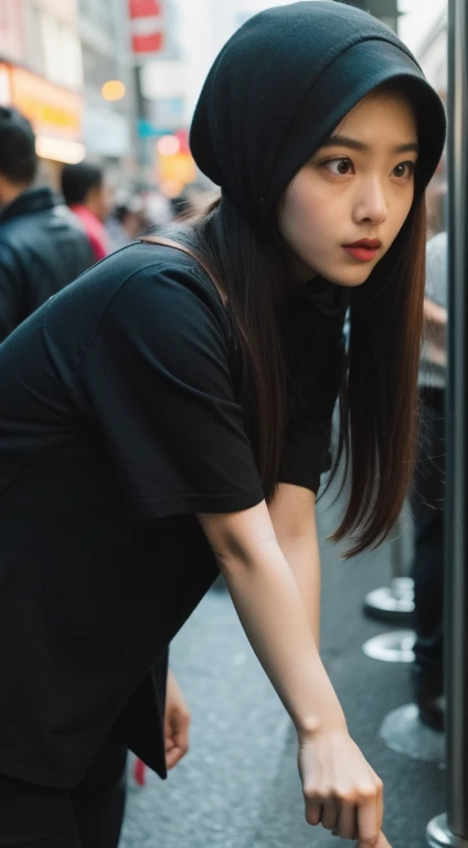 a malay age girl in hijab and spiderman suit standing in action in front of bustling kuala lumpur malaysia city streets, serious face, nighttime, 35mm lens, Extreme close-up, pastel color grading, depth of field cinematography effect, film noir genre, 8k resolution, high quality, ultra detail