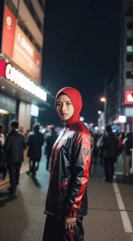 a malay teenage girl in hijab and spiderman suit standing in action in front of bustling kuala lumpur malaysia city streets, serious face, nighttime, 35mm lens, Extreme close-up, pastel color grading, depth of field cinematography effect, film noir genre, 8k resolution, high quality, ultra detail