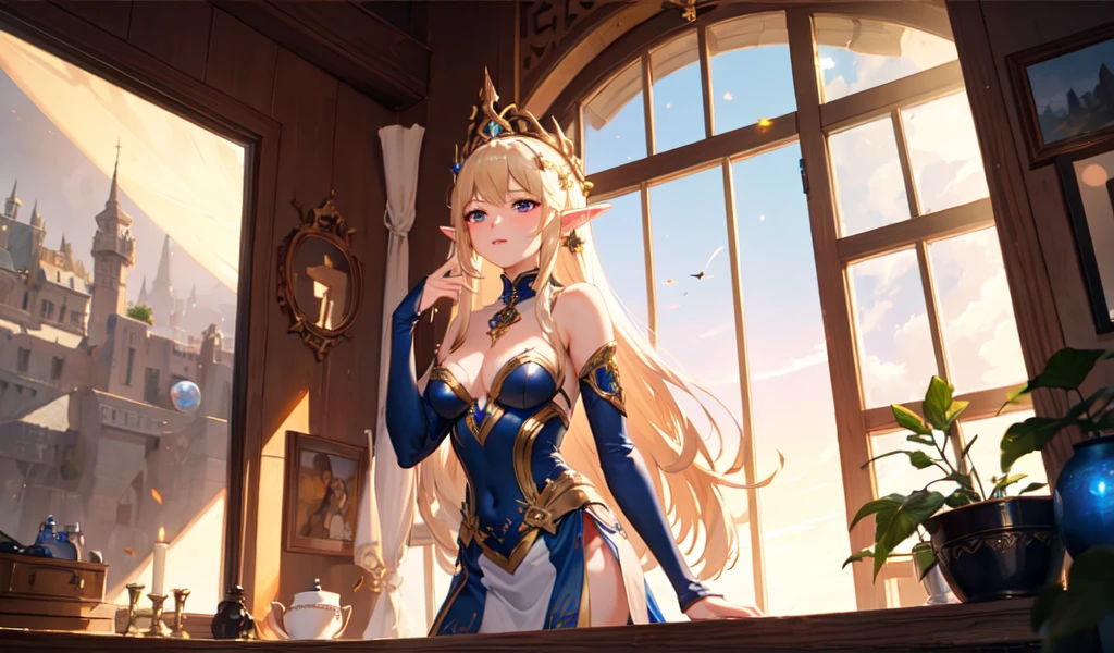 ((best quality)), ((masterpiece)), (detailed), 1girl, Mystical Elf Woman,During a break,Very attractive,She is a very beautiful and healing woman.。Otherworldly Adventure