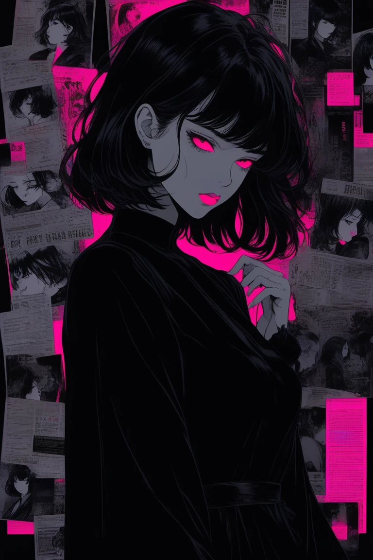 (Better Quality, overview:1.2),Realist,Illustrator,anime,1 girl, Detailed lips, Preto Dress 8,custom, (Monochrome dark background),neonヘア,Texture Cut, obra de Until then, Classic retro style, Black Dark, Until then, overview book, (Black bob hair:1.5.neon:1.32), bad woman , Dark Shadows