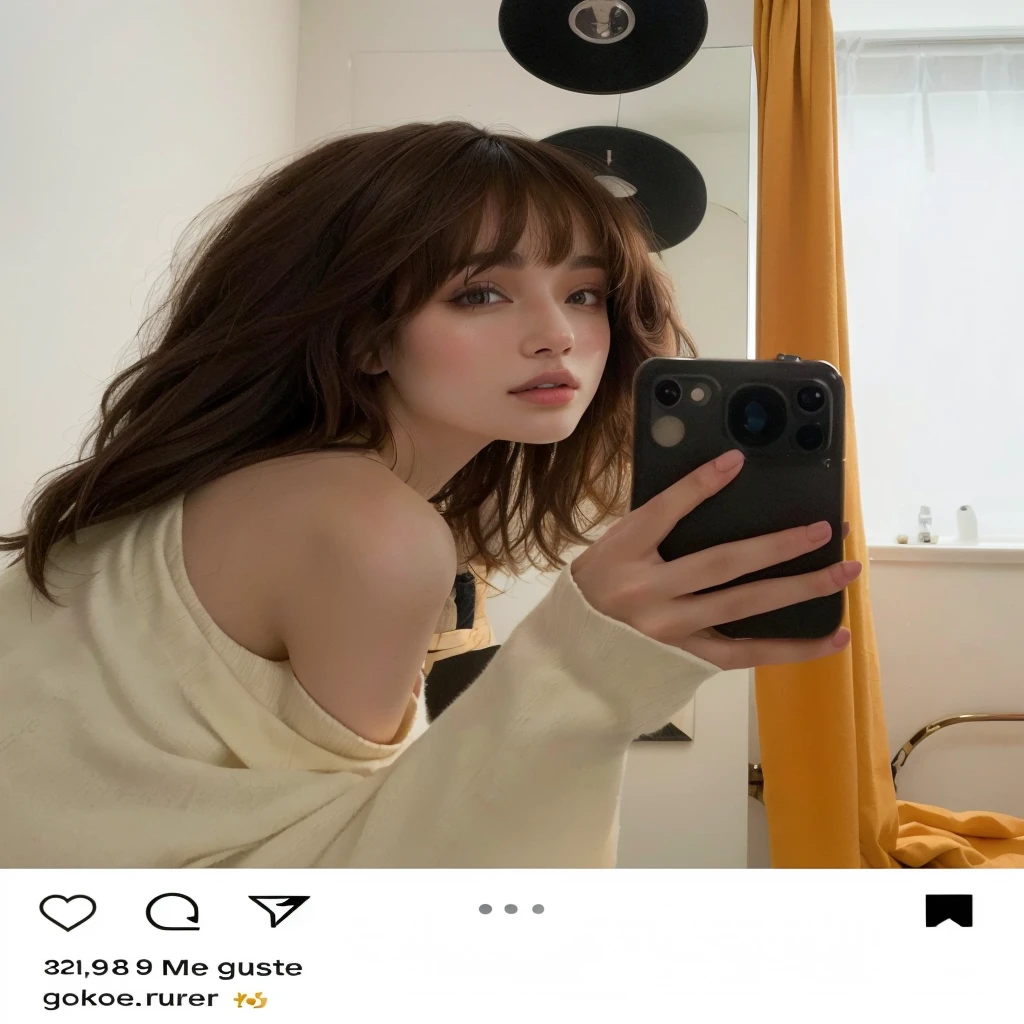 there is a woman taking a selfie in a mirror, Joey Rey, selfie of a young woman, leaked image, taking a selfie, Portrait Sophie Mudd, selfie con iPhone, mirror selfie, brown hair and bangs, with brown hair, 🤤 girl portrait, with pale skin, curtain bangs, girl with brown hair, accidentally taking a selfie, onda cynth