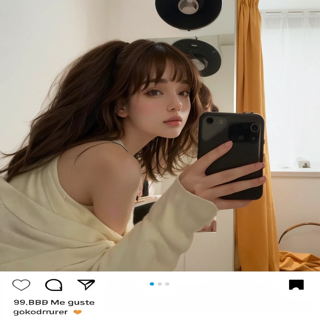 there is a woman taking a selfie in a mirror, Joey Rey, selfie of a young woman, leaked image, taking a selfie, Portrait Sophie Mudd, selfie con iPhone, mirror selfie, brown hair and bangs, with brown hair, 🤤 girl portrait, with pale skin, curtain bangs, girl with brown hair, accidentally taking a selfie, onda cynth