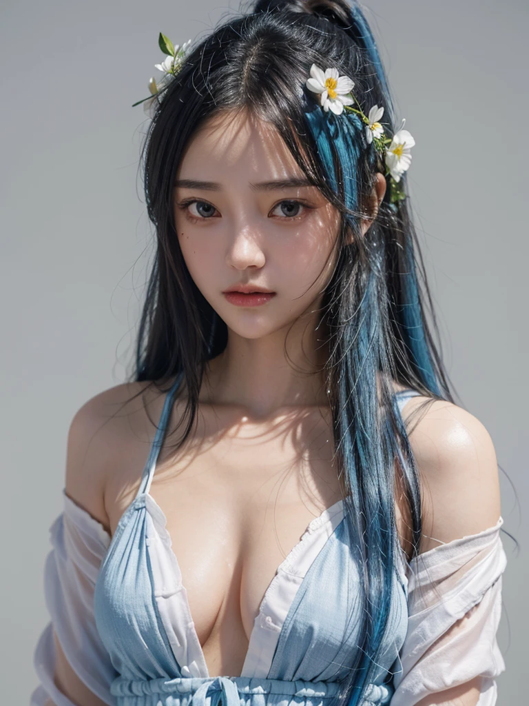(masterpiece), (best quality), (ultra detailed),(disheveled hair),(illustration), (1girl), (Fashionable clothing), standing, Fashion model, looking at viewer, (interview), (simple background),beautiful detailed eyes, delicate beautiful face, Floating,(high saturation),(colorful splashes),colorful bubble,(shining), focus on face, ponytail, kamisato ayaka, light blue hair, bangs, hair ring, floating flowers, floating hairs, (shining), best lighting, best shadow,