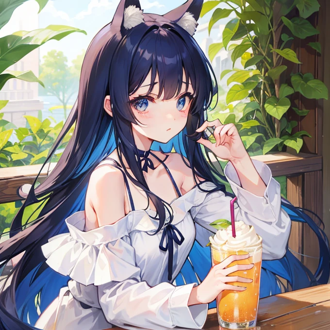 Long navy hair，Off the shoulder，Fufu has a very cute face，It's a cute girl，Drink cream soda